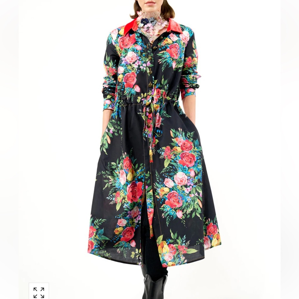 Black Floral Shirtdress with Drawstring Waist Sz Sm